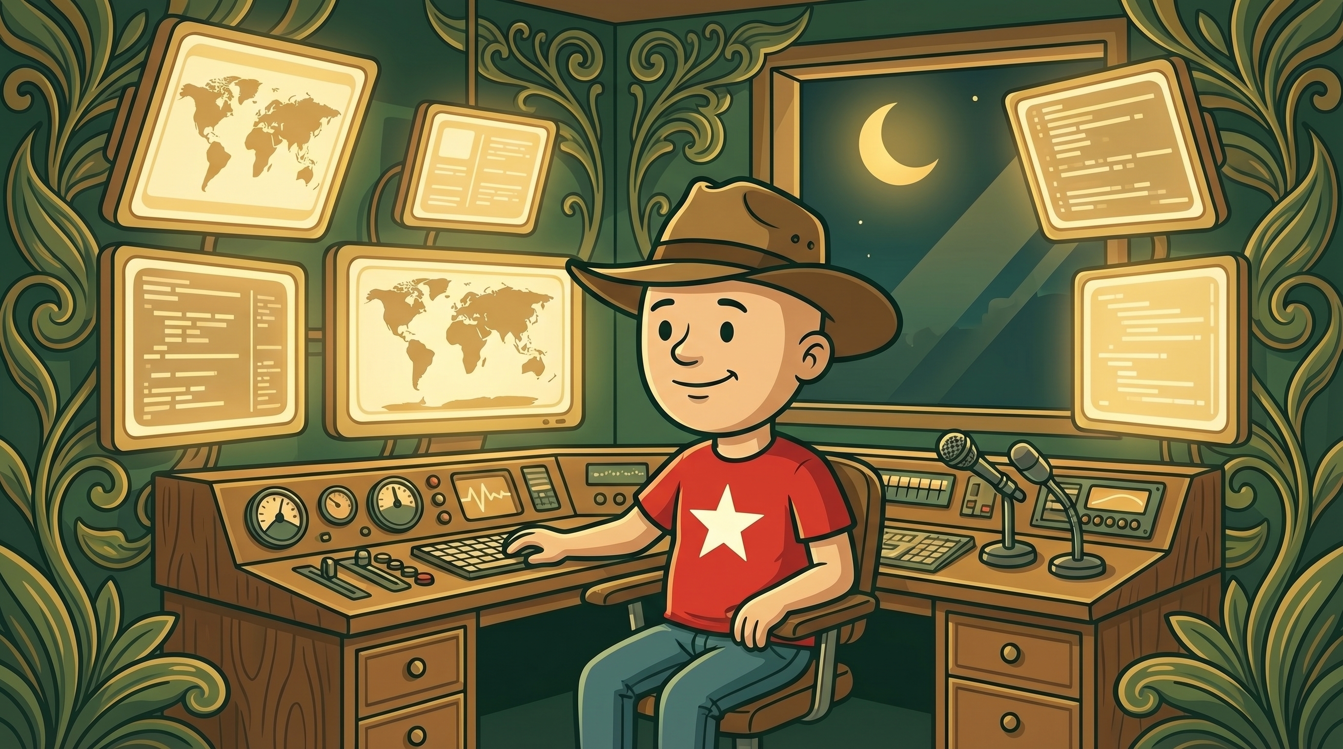 JC in his production studio surrounded by glowing screens